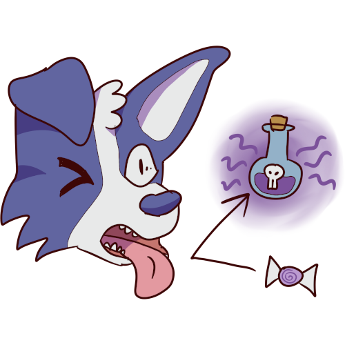 image of a blue dog tasting candy and looking grossed out, the candy turns into poison as he tastes it .